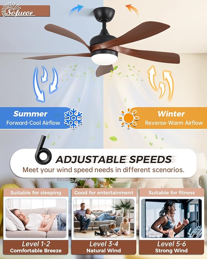 Sofucor 45" Smart Ceiling Fan, Indoor/Outdoor Ceiling Fans with Lights and Remote, Compatible with Alexa/Google/App, 3-Color Light 6-Speed Timing Reversible DC Motor for Bedroom Living Room Patio