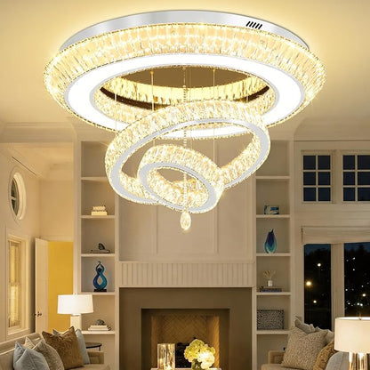 Modern Large Ring Crystal Chandelier Modern Luxury Chrome Crystal Ceiling Lights Fixture for Dining Living Room D40 Inch 3-Tier Raindrop Chandeliers LED Dimmable Lighting
