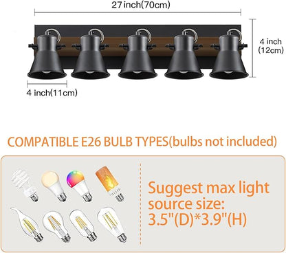 5-Light Track Light Fixtures, Adjustable Ceiling/Wall Mount Spotlight, Industrial Black Kitchen Track Lighting for Living Room, Dining Room, Hallway, Bathroom