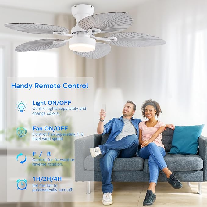 52inch Palm Leaf Ceiling Fans with Light Outdoor Tropical Ceiling Fans with Remote Timer Hand Carved 5 Blades DC Reversible Noiseless motor 6 Speeds Low Profile for Patios Living room Bedroom