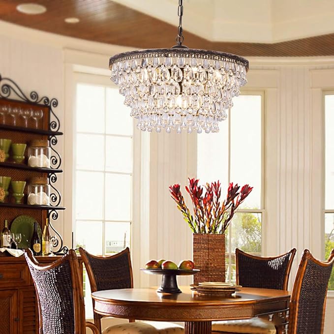 Wellmet Crystal Chandelier, 6-Light 5 Tiers Farmhouse Bronze Ceiling Lighting Fixture, Modern Foyer Dining Room Chandeliers for Bedroom, Hallway, Bar, Kitchen, W20-inch