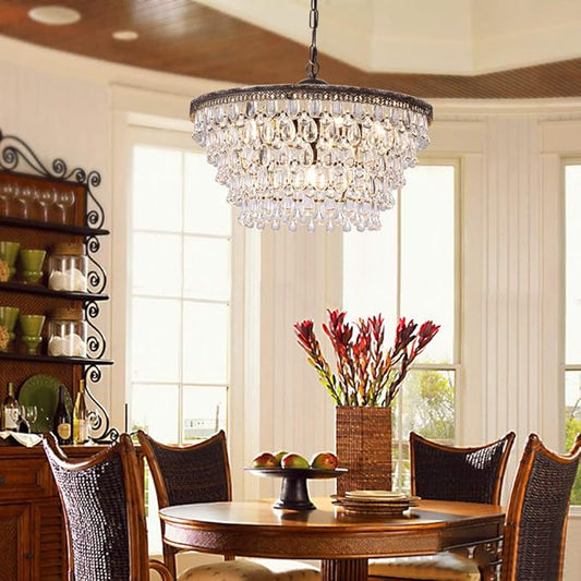 Wellmet Crystal Chandelier, 6-Light 5 Tiers Farmhouse Bronze Ceiling Lighting Fixture, Modern Foyer Dining Room Chandeliers for Bedroom, Hallway, Bar, Kitchen, W20-inch