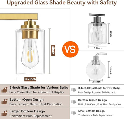 3-Light Bathroom Light Fixtures, 19" Modern Vanity Lights Over Mirror with Clear Glass Shades, Gold Light Fixture, Classic Wall Light Fixture for Mirror Living Room Cabinet Bedroom Porch