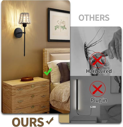 Battery Operated Crystal Wall Sconce Set of 2, Black Rechargeable Wireless Wall Sconces with Remote Dimmable 12 Colors Modes Led Wall Lights, Wall Lamp for Bedroom Living Room Hallway 2 Bulbs Included