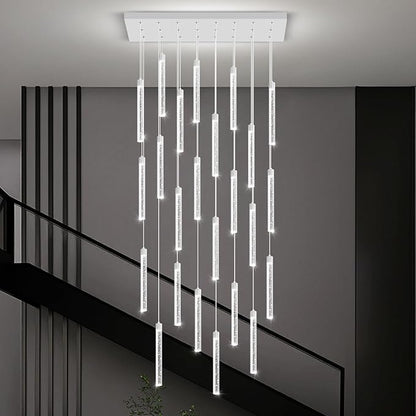 Modern Rectangular Crystal Chandeliers LED Dimmable Crystal Column Chandelier Living Room Foyer Crystals Pendant Light for Dining Room Adjustable Height 24-Light Silver
