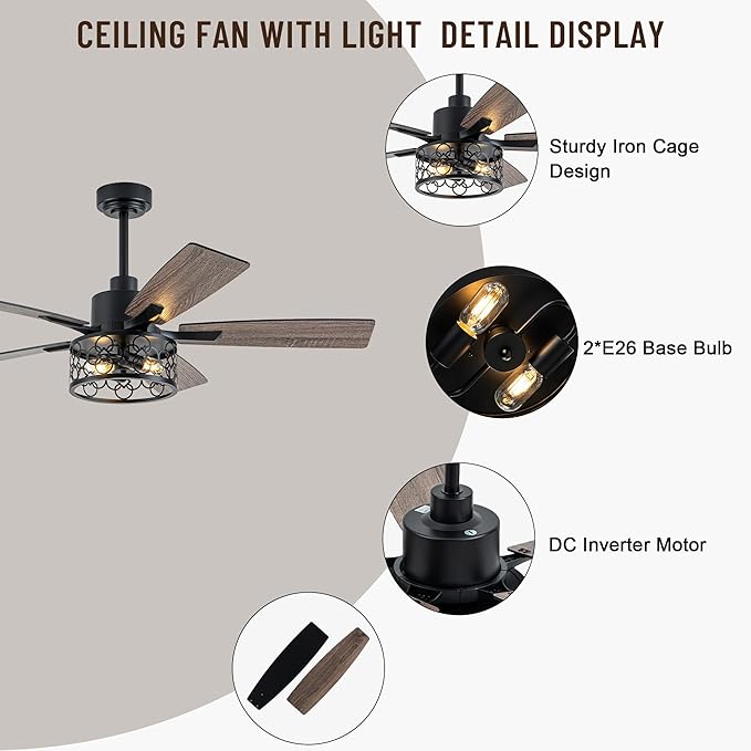 52" Farmhouse Ceiling Fans with Lights and Remote,Chandelier Ceiling Fan with Reversible DC Motor and 5 Double Finish Wood Blades,Rustic Caged Ceiling Fan for Living Room,Dining Room,Bedroom