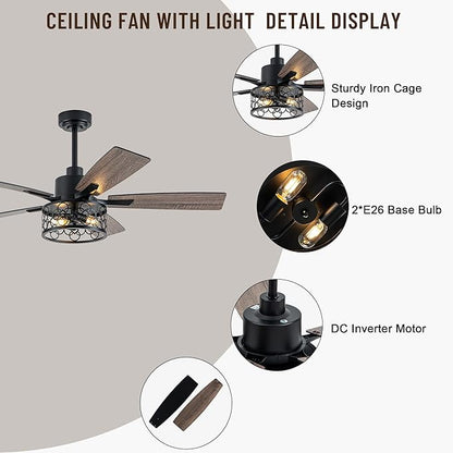 52" Farmhouse Ceiling Fans with Lights and Remote,Chandelier Ceiling Fan with Reversible DC Motor and 5 Double Finish Wood Blades,Rustic Caged Ceiling Fan for Living Room,Dining Room,Bedroom