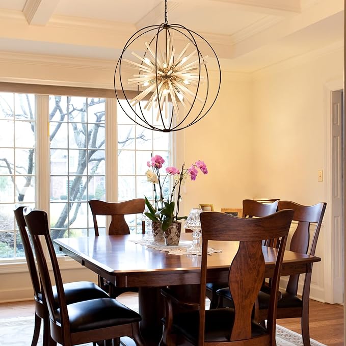 31.5" Black Gold Large Globe Sputnik Chandelier, 12-Light Mid Century Modern Industrial Starburst Golden Satellite Light Fixture for High Ceiling Living Room Dining Room Foyer Stairway,E12
