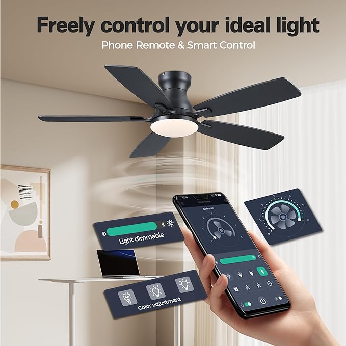JSAITEE Ceiling Fans with Lights Flush Mount - 46" Low Profile Ceiling Fan with 5 Dual-Sided Blades and 6 Speeds 3CCT Dimmable, Modern Indoor Fan Light Fixtures for Bedroom, Kitchen, Black