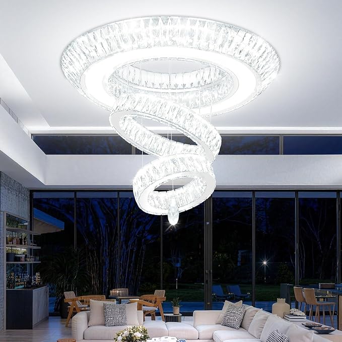 D32 Inch Modern Large Ring Crystal Chandelier Modern Luxury Ceiling Lights Fixture for Dining Living Room 3-Tier Raindrop Chandeliers Lighting LED 3000-6000K Infinity Dimmable