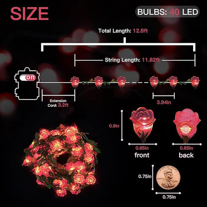 suddus 40 LED Fairy Lights Battery Powered, 12.5ft Pink Rose Flower String Lights with Remote, Valentine Lights for Wedding,Party,Bedroom,Porch,Table,Stairs,Dorm Decor