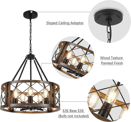 5-Light Farmhouse Chandelier 19.8" Black and Brown Rustic Chandelier for Dining Room Wood Texture Adjustable Pendant Light Fixture for Kitchen Island Entryway Bedroom Hallway