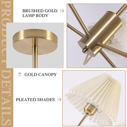 KCO Lighting 5-Lights White Pleated Fabric Pendant Light Mid Century Modern Brushed Gold Sputnik Chandelier Traditional Dining Living Room Chandelier Above Dining Table