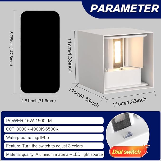 4 Pack Modern Outdoor Wall Lights, ETL Listed 15W Square LED Exterior Wall Sconce, 3 Color Temperature Selectable, Adjustable Up and Down Lighting Fixtures, IP65 Waterproof Aluminum Porch Light