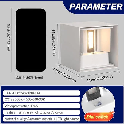 2 Pack Modern Outdoor Wall Lights, ETL Listed 15W Square LED Exterior Wall Sconce, 3 Color Temperature Selectable, Adjustable Up and Down Lighting Fixtures, IP65 Waterproof Aluminum Porch Light