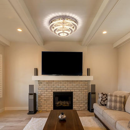 Modern Crystal Chandelier Round LED Ceiling Light Flush Mount Crystal Chandeliers for Dining Room Bedrooms Living Room, 42W, 3000 K Warm White