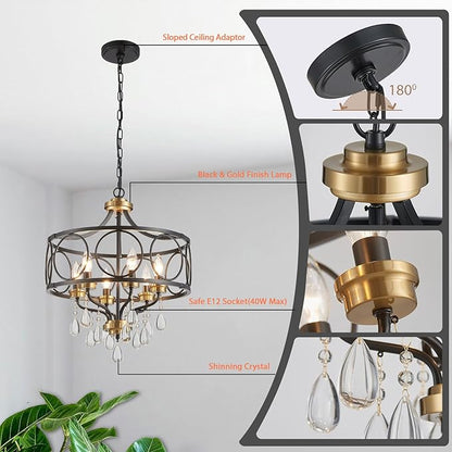 Crystal Chandeliers for Dining Room,17.7" Black and Gold 6 Lights Hanging Pendant Lighting Fixture Metal Farmhouse Chandelier for Kitchen Island Entryway Living Room