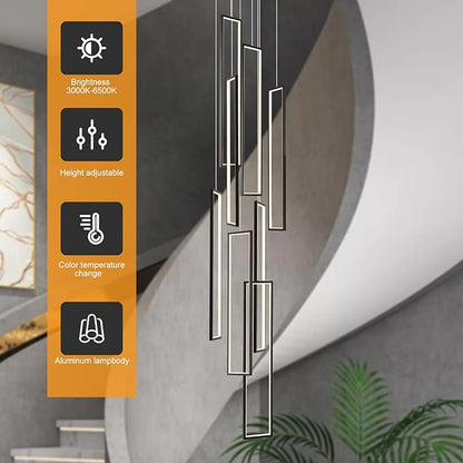 GEADI Foyer Chandelier for High Ceilings, 8-Light Modern Dimmable LED High Ceiling Pendant Light Fixture with Remote Control, Black Large Chandelier for Entryway, 3000-6500K