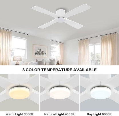 WINGBO 48 Inch Flush Mount DC Ceiling Fan with Lights and Remote, 4 Reversible Carved Wood Blades, 6-Speed Noiseless DC Motor, Hugger Ceiling Fan in White Finish, Low Profile Ceiling Fans, ETL Listed