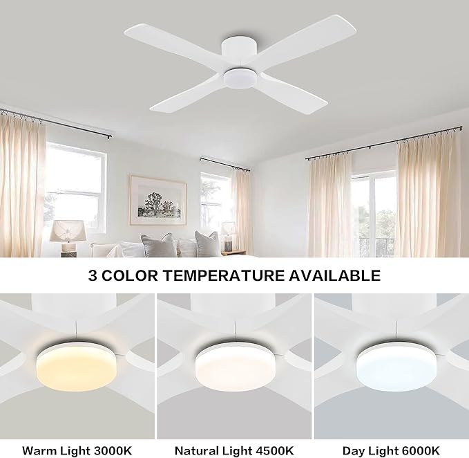 WINGBO 54 Inch Flush Mount DC Ceiling Fan with Lights and Remote, 4 Reversible Carved Wood Blades, 6-Speed Noiseless DC Motor, Hugger Ceiling Fan in Gloss White with White Blades
