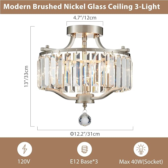 Brushed Nickel Crystal Semi Flush Mount Ceiling Light Fixture Modern Farmhouse Small Chandelier 3-Light Round Crystal Mini Chandelier for Dining Room Entryway Hallway Kitchen Bedroom Foyer