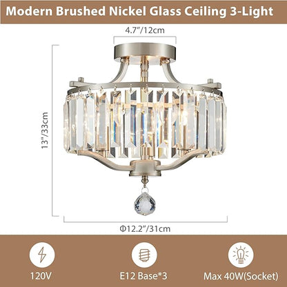 Brushed Nickel Crystal Semi Flush Mount Ceiling Light Fixture Modern Farmhouse Small Chandelier 3-Light Round Crystal Mini Chandelier for Dining Room Entryway Hallway Kitchen Bedroom Foyer