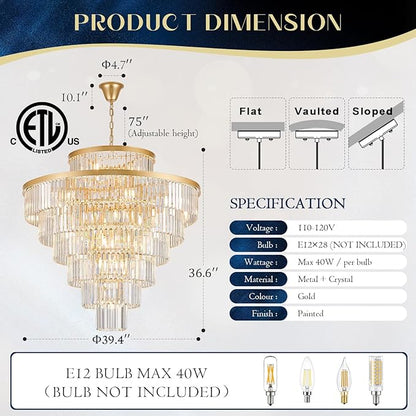 Crystal Chandeliers Large 40" 28 Lights Modern Round Chandelier Luxury Gold 7-Tier K9 Crystal Ceiling Pendant Lighting Fixture for Tall Ceiling Foyer Staircase Living Room