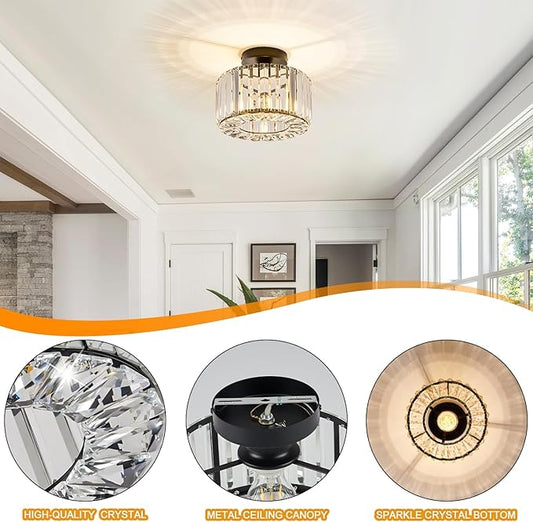 BUXVRCS Crystal Ceiling Light Fixture - Semi Flush Mount Ceiling Light Modern Chandelier Hallway Light Fixtures Ceiling Flush Mount Light Fixtures for Kitchen Bedroom Bathroom Entryway (Black)