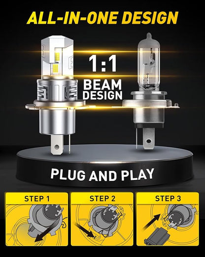 AUXITO H4 Bulb - 900% Brighter 6500K White, Direct Fit Mini Size, Hassle-Free Plug & Play, Extended Lifespan, Flicker-Free Operation, Pack of 2