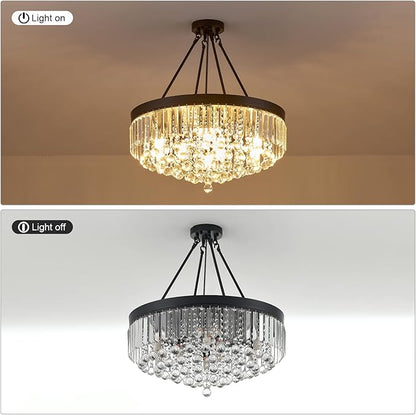 Black 9-Light Crystal Chandelier 22'' Modern Semi Flush Ceiling Crystal Hanging Light Fixture Sparkling Decoration for Entryway Bedroom Living Dining Room Kitchen Island Hallway Foyer