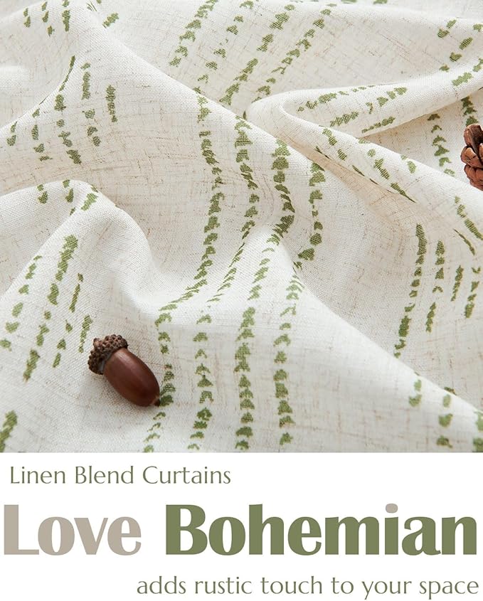 jinchan Boho Kitchen Curtains Linen Cafe Tier Curtains 36 Inch Bohemian Geometric Striped Mudcloth Small Window Drapes for Living Room Bathroom Light Filtering Back Tab 2 Panels Sage Green on Flax