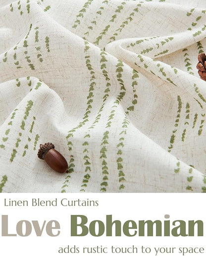 jinchan Boho Kitchen Curtains Linen Cafe Tier Curtains 36 Inch Bohemian Geometric Striped Mudcloth Small Window Drapes for Living Room Bathroom Light Filtering Back Tab 2 Panels Sage Green on Flax