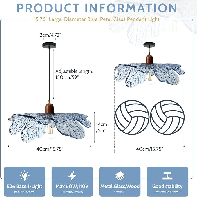 Blue Glass Pendant Light 15.75" Large Flower Petal Hanging Ceiling Light Adjustable 59" Cord with Wood & Metal Accents Modern Statement Chandelier for Dining Room Living Room Foyer
