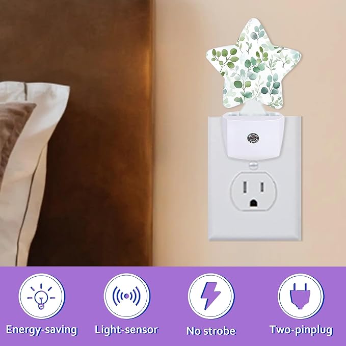 Eucalyptus Leaves Night Light for Kids,Watercolor Green Leaf Night Lights Plug Into Wall, Lightweight Dusk to Dawn Light Sensor Warm Nightlights for Girls Boys Bedroom Nursery Basement