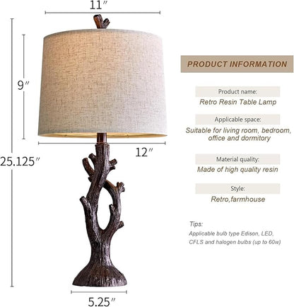 OYEARS 25" Farmhouse Table Lamp Set of 2 for Living Room Bedroom Resin Bedside Tree Lamp Nightstand End Table Lamps Vintage Natural Style