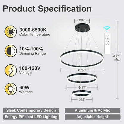 3 Rings Modern LED Chandelier Black High Ceiling Ring Chandeliers with Remote Control Circular Pendant Light Dimmable for Dining Room Living Room Bedroom Foyer Entryway 3000K-6500K