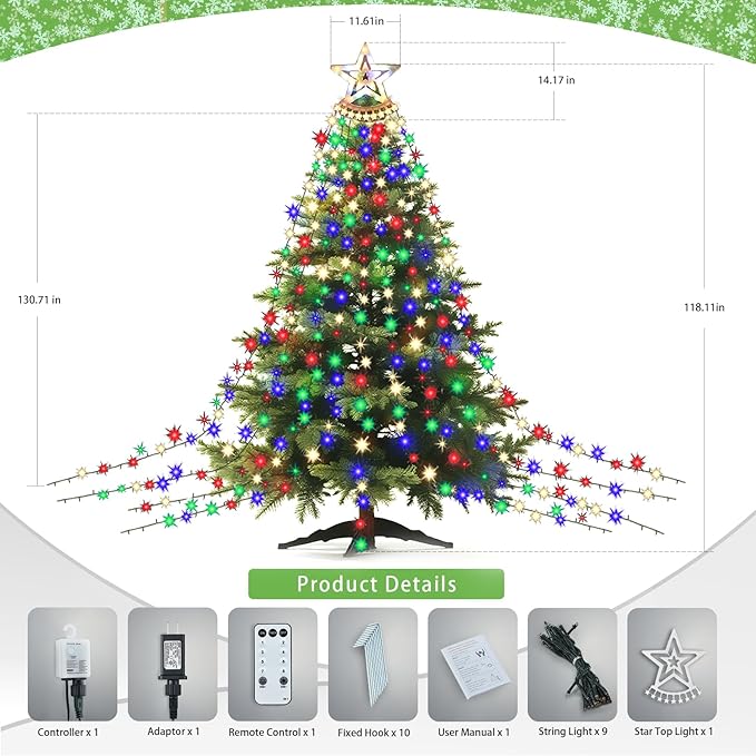 Star String Lights, 350 LED Tree Waterfall Fairy Lights, Outdoor Waterproof Christmas Decoration Lights with Remote, 16FT X 9 Hanging LED Lamp for Garden Yard Halloween Wedding Birthday Festival