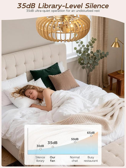 20" Wood Ceiling Fans with Lights Flush Mount, Caged Boho Ceiling Fan with Light Remote Control, Wooden Low Profile for Bedroom, Living Room, Nursery