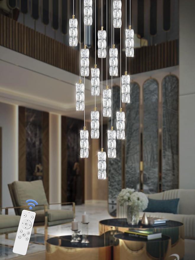 ykolupty H130 Modern Crystal Chandelier 16-Lights Gold Chandeliers Lighting Fixture High Ceiling Chandelier Suitable for Living Room Staircase Villa