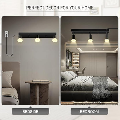 Plug-in Track Lighting, LED Track Lighting Fixtures Ceiling Kit, 16" Black Plug in Wall Light with 14.8ft Cord, 3-Light Ceiling Spotlight,Rotatable Kitchen Light Head for Bedroom Hallway(GU10,NO Bulb)