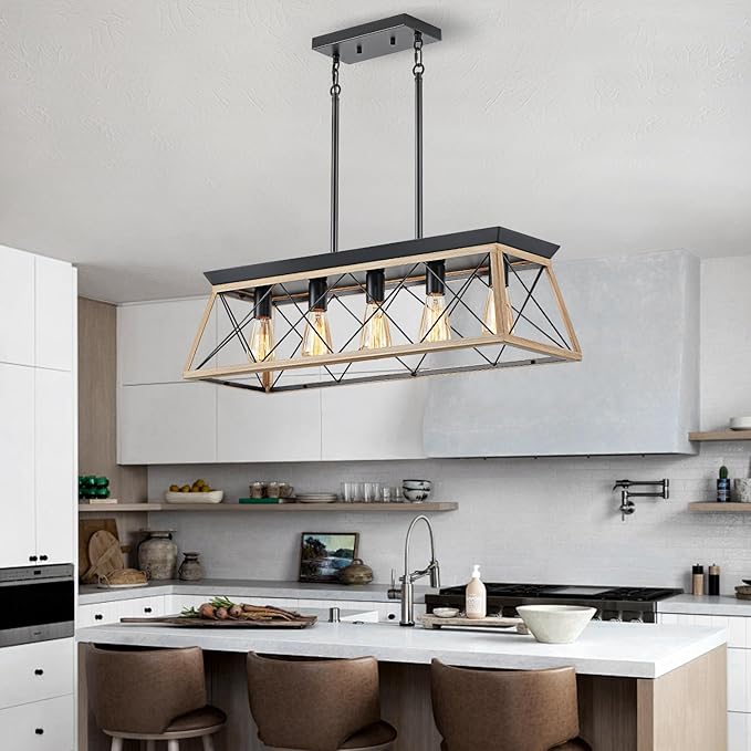 5-Light Farmhouse Dining Room Chandelier Over Table, Rustic Kitchen Island Lighting, Adjustable Height Pendant Light for Kitchen, Dining Room Table Rustic Wood