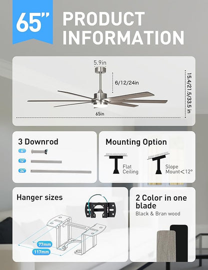 Minislak 65 Inch Large Smart Ceiling Fan with Light and Remote via WIFI Alexa APP Control,Dimmable,Quiet DC Motor Indoor Outdoor Ceiling Fans for Patios or Bedroom