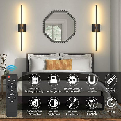 Battery Operated Wall Sconces with Remote Control, 11000mAh LED Wireless Rechargeable Black Wall Lights, 350°Rotate Dimmable Wall Lamp, 3 Color Temperatures, for Bedroom, Living Room, Hallway, 2 PCS