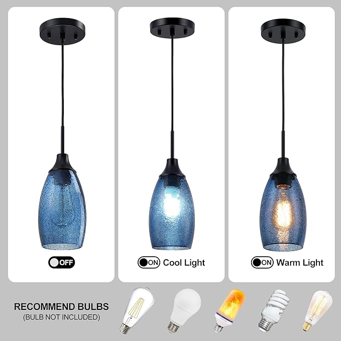 Viinew Mini Glass Pendant Light 1-Pack Handblown Clear Dark Blue Seeded Glass Shade Adjustable Cord Ceiling Light Fixture for Kitchen Island Sink 4.72"
