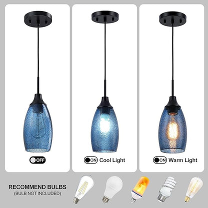 Viinew Mini Glass Pendant Light 1-Pack Handblown Clear Dark Blue Seeded Glass Shade Adjustable Cord Ceiling Light Fixture for Kitchen Island Sink 4.72"