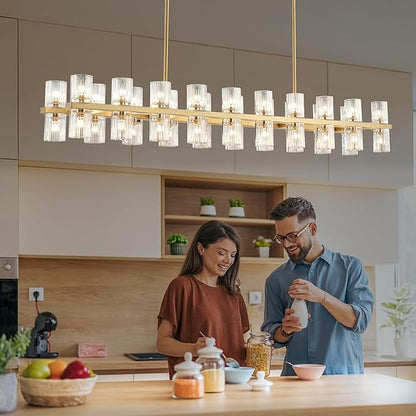 Gold Rectangular Crystal Chandelier for Dining Room, 53 in Light Fixture Chandelier Over Table, Modern Crystal Chandelier Pendant Light for Kitchen Island Living Room
