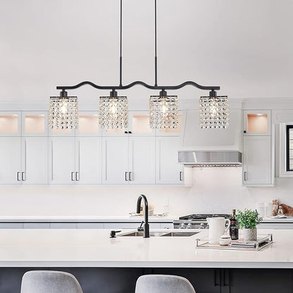 WUZUPS Crystal Chandelier 4-Light Linear Raindrop Pendant Ceiling Light Modern Lighting Fixture for Bedroom Dinning Room Bar Kitchen Island, H8.7'' W4.7'' L30.5, E12 Base, Black