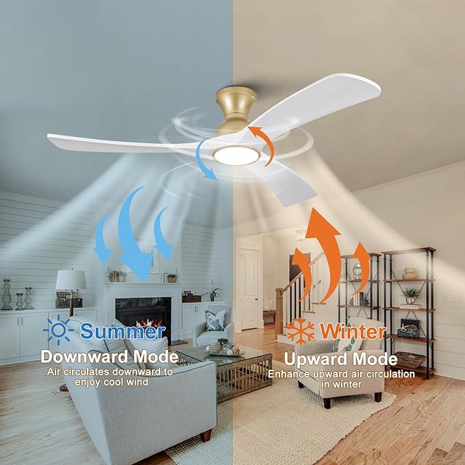 White Gold Ceiling Fans with Lights Flush Mount,52 inch Solid Wood,Remote Control,Wall Switch,Dimmable,Reversible,Power Off Memory Modern Ceiling Fan for Bedroom Patio Indoor/Outdoor Use