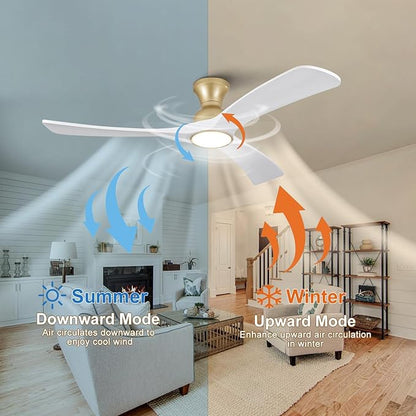 White Gold Ceiling Fans with Lights Flush Mount,52 inch Solid Wood,Remote Control,Wall Switch,Dimmable,Reversible,Power Off Memory Modern Ceiling Fan for Bedroom Patio Indoor/Outdoor Use