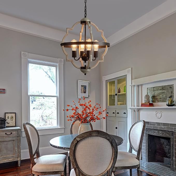 MEIXISUE Rustic Farmhouse Chandelier,ORB+Oak Finish,4-Light Vintage Antique Chandeliers Pendant Light Fixtures for Kitchen Dining Room Living Room Entryway Foyer UL Listed